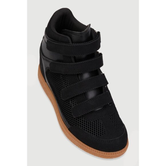 Black Stylish Fishnet Wedge High Top Sneakers with Velcro Straps & Rubber Sole 9 - Picture 3 of 5